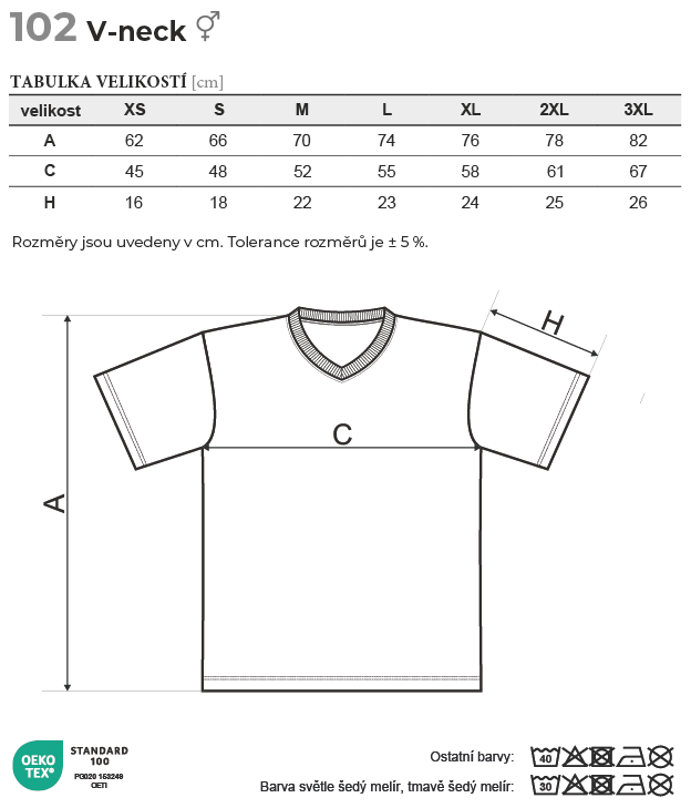 102 V-neck tričko unisex Tabulka velikostí